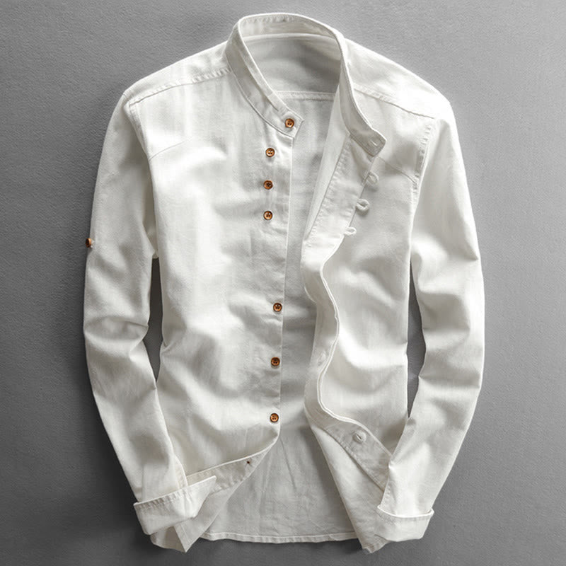 Buddha Stones Men's Slim Fit Design Stand Collar Crew Neck Long Sleeve Cotton Linen Shirt - White - US/UK/AU48，EU58 (7XL) - image 3