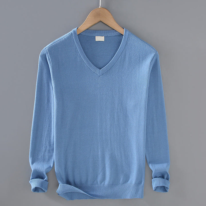 Buddha Stones Solid Color V-Neck Cotton Simple Design Men's Long Sleeve Sweater - CornflowerBlue - US/UK/AU42，EU52 (3XL) - image 12