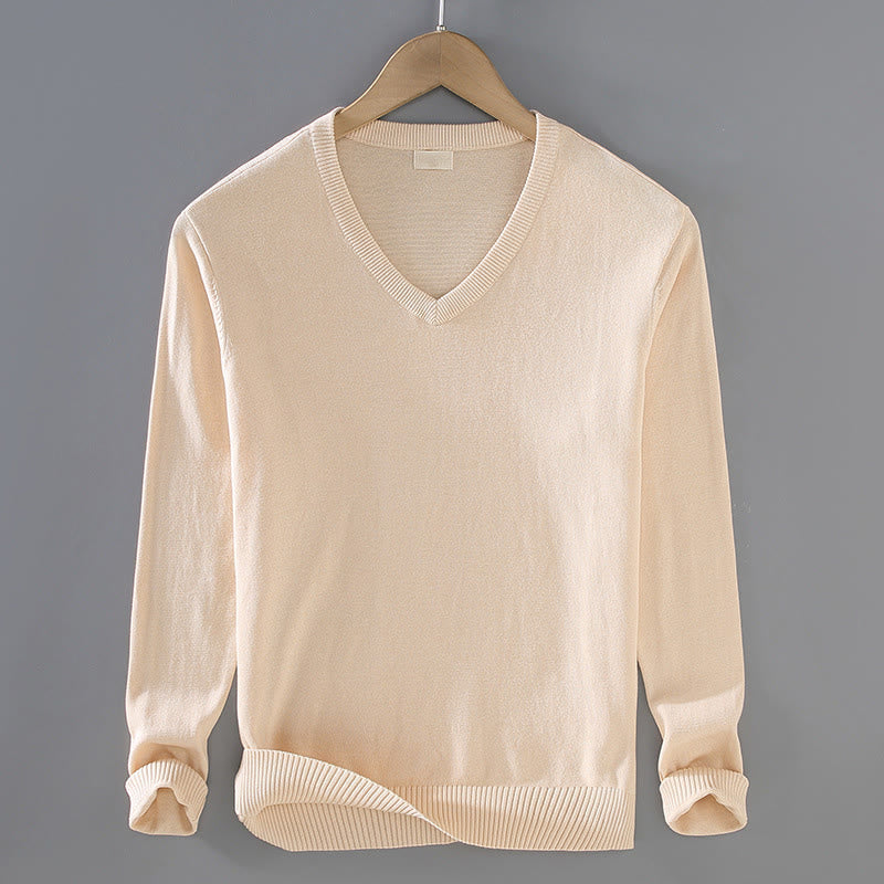 Buddha Stones Solid Color V-Neck Cotton Simple Design Men's Long Sleeve Sweater - PapayaWhip - US/UK/AU42，EU52 (3XL) - image 8