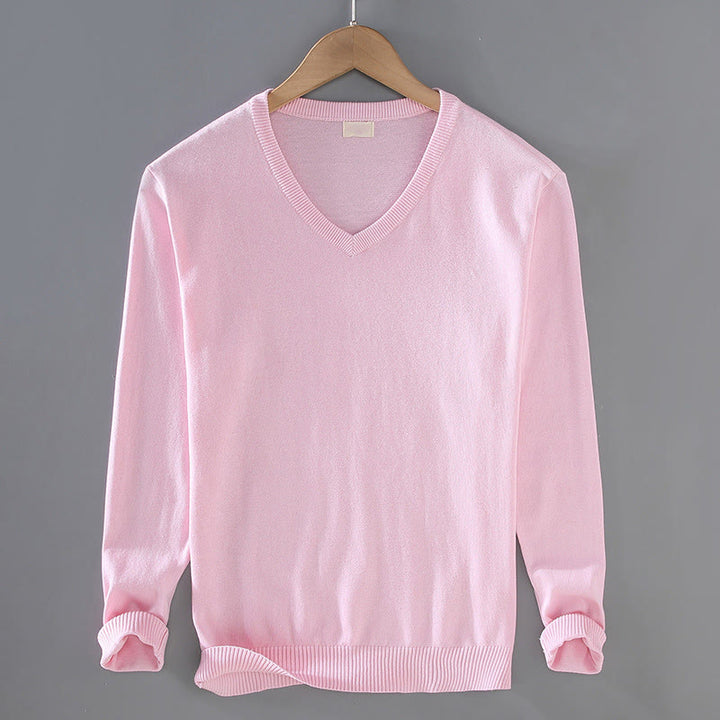 Buddha Stones Solid Color V-Neck Cotton Simple Design Men's Long Sleeve Sweater - Pink - US/UK/AU42，EU52 (3XL) - image 11