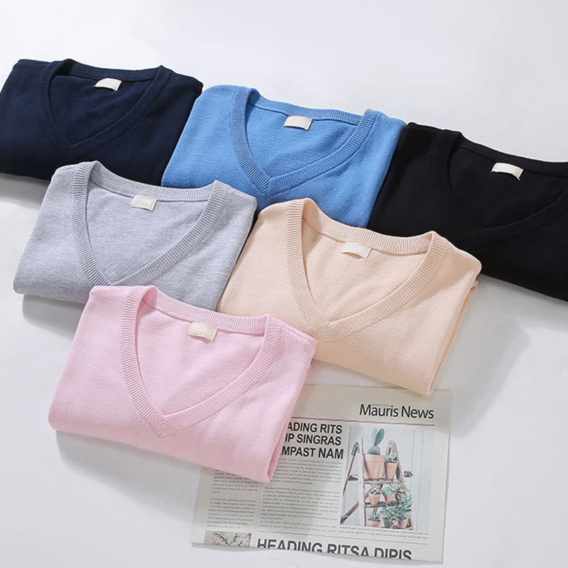 Buddha Stones Solid Color V-Neck Cotton Simple Design Men's Long Sleeve Sweater - image 13