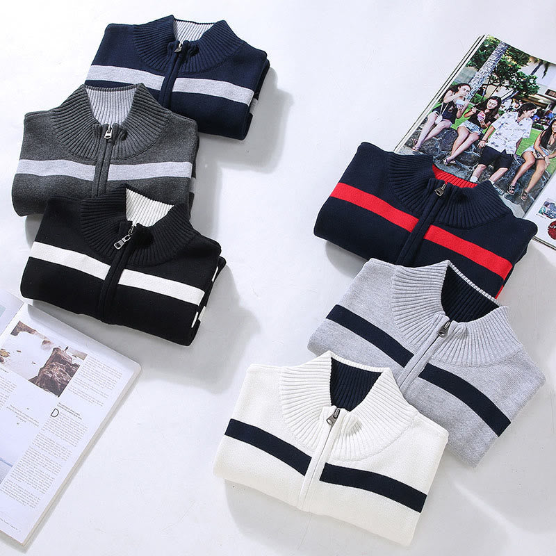 Buddha Stones Color Contrast Striped Half Zipper Design Cotton Men's Long Sleeve Sweater - image 13