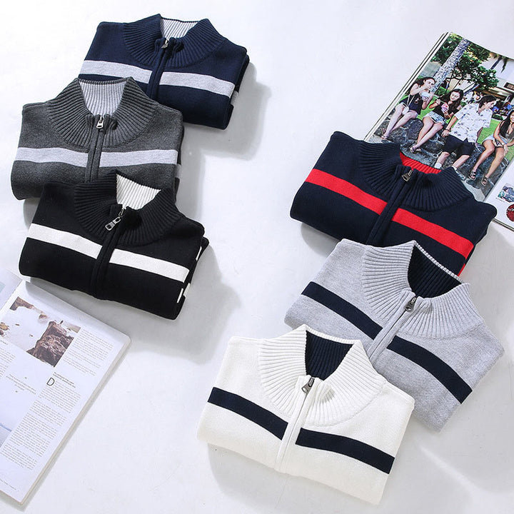 Buddha Stones Color Contrast Striped Half Zipper Design Cotton Men's Long Sleeve Sweater - image 13