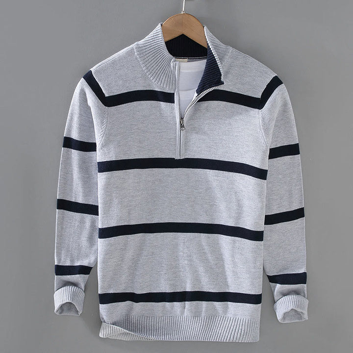 Buddha Stones Color Contrast Striped Half Zipper Design Cotton Men's Long Sleeve Sweater - DarkGray MidnightBlue Stripe - US/UK/AU42，EU52 (3XL) - image 9