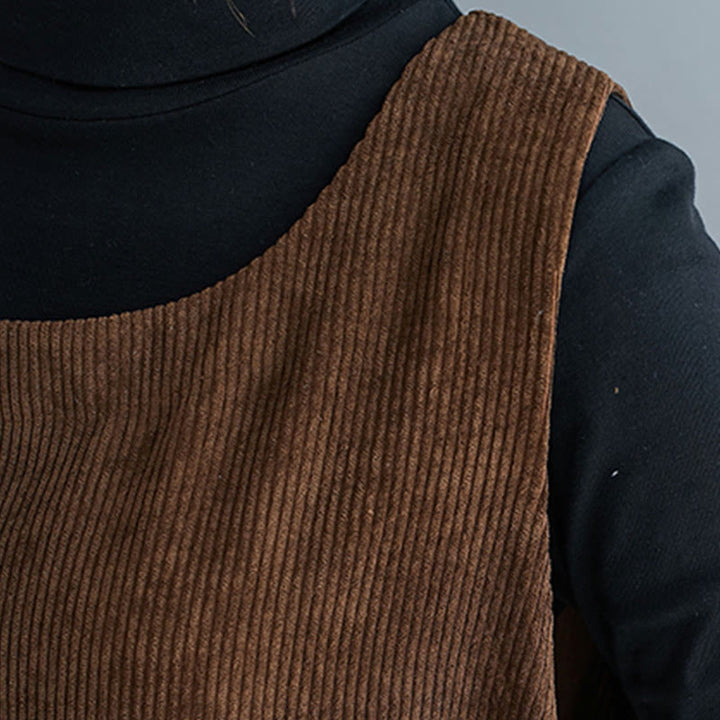 Buddha Stones Commute Crew Neck Women's Sleeveless Cotton Corduroy Midi Dress With Pockets - image 10