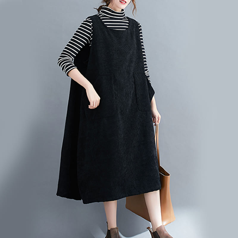 Buddha Stones Commute Crew Neck Women's Sleeveless Cotton Corduroy Midi Dress With Pockets - image 19