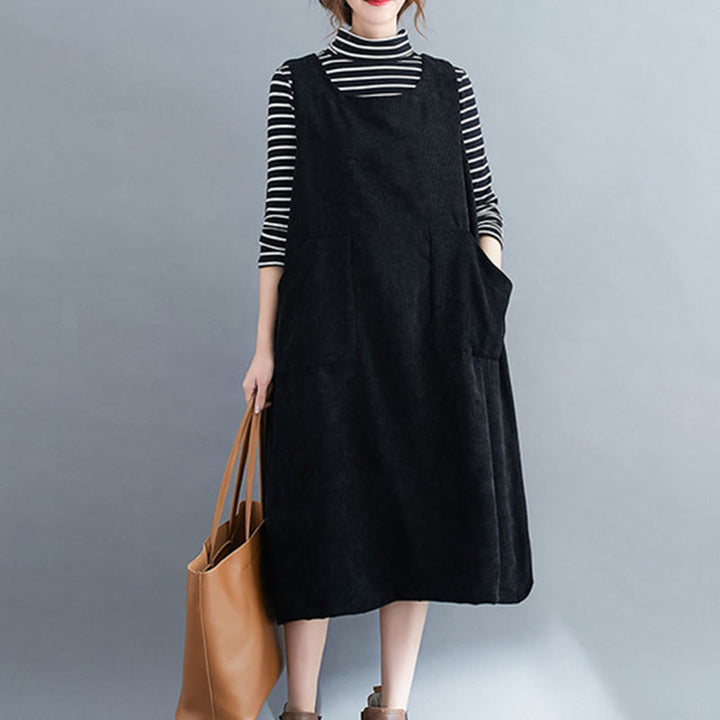 Buddha Stones Commute Crew Neck Women's Sleeveless Cotton Corduroy Midi Dress With Pockets - Black - US12，UK/AU16，EU44 (2XL) - image 15