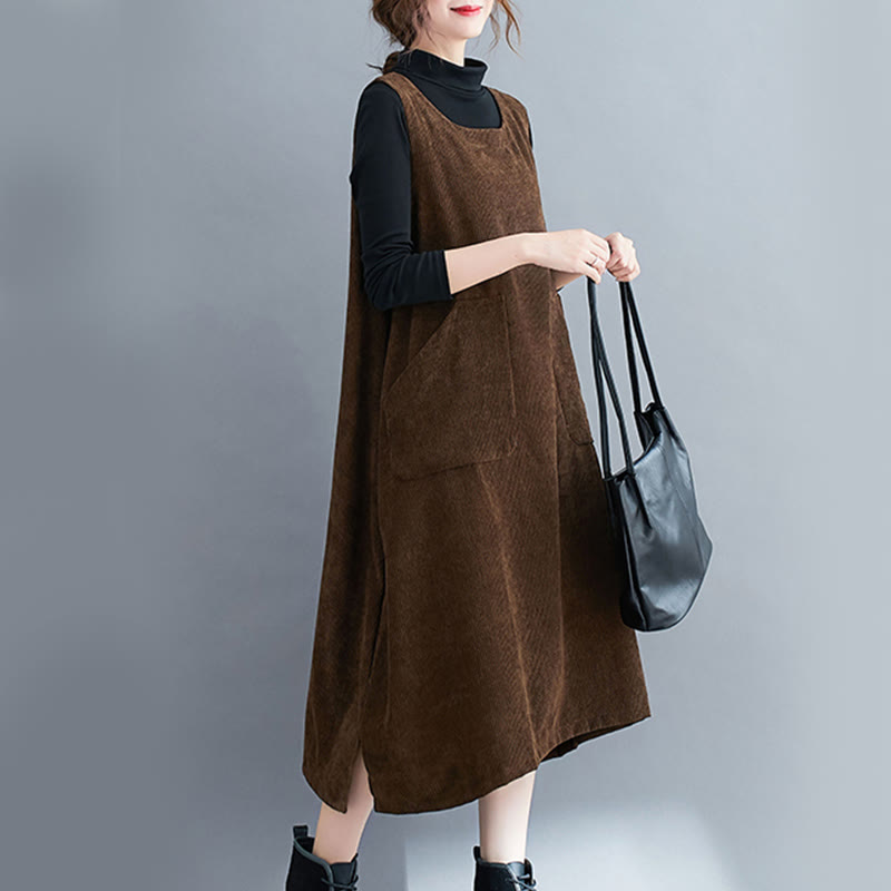 Buddha Stones Commute Crew Neck Women's Sleeveless Cotton Corduroy Midi Dress With Pockets - image 2