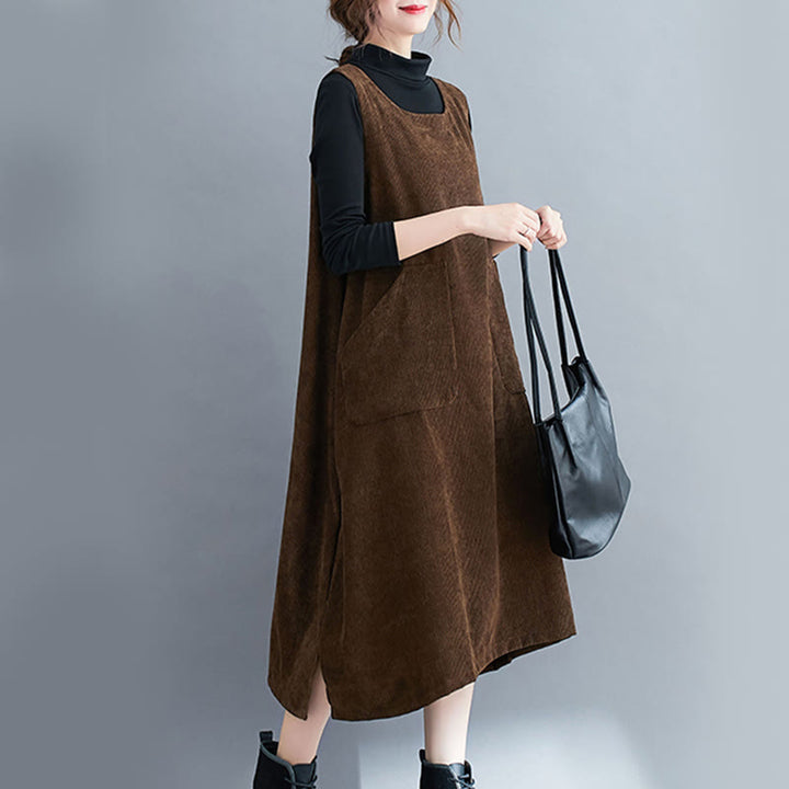Buddha Stones Commute Crew Neck Women's Sleeveless Cotton Corduroy Midi Dress With Pockets - image 2