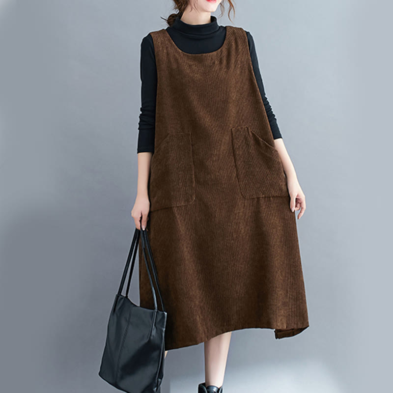 Buddha Stones Commute Crew Neck Women's Sleeveless Cotton Corduroy Midi Dress With Pockets - image 3