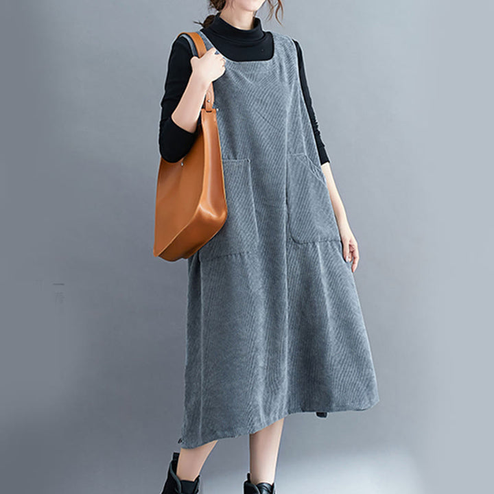 Buddha Stones Commute Crew Neck Women's Sleeveless Cotton Corduroy Midi Dress With Pockets - image 29