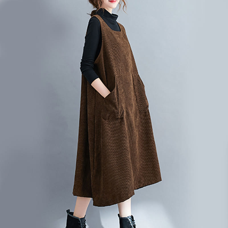 Buddha Stones Commute Crew Neck Women's Sleeveless Cotton Corduroy Midi Dress With Pockets - image 6