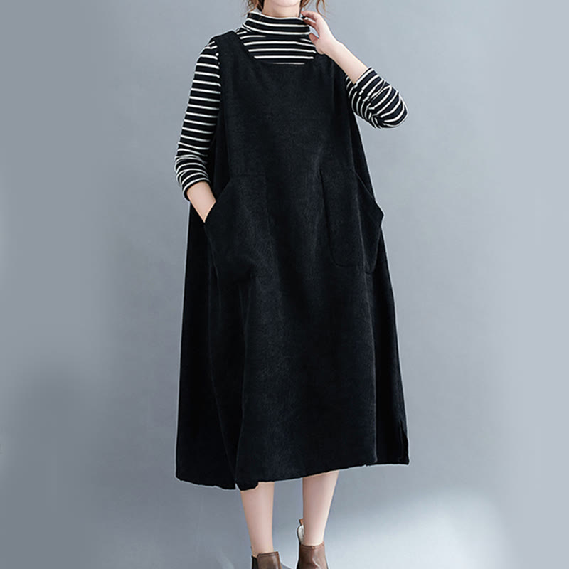 Buddha Stones Commute Crew Neck Women's Sleeveless Cotton Corduroy Midi Dress With Pockets - image 21