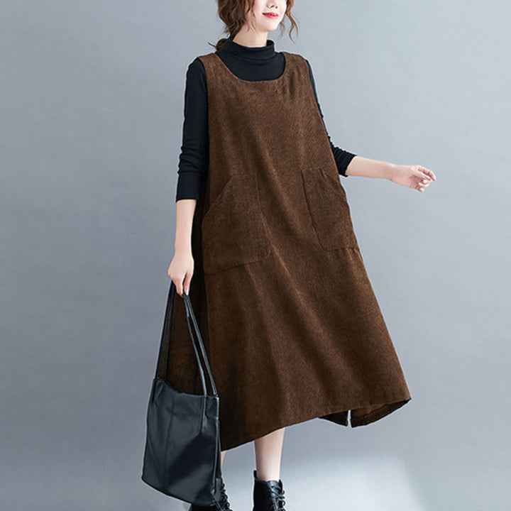 Buddha Stones Commute Crew Neck Women's Sleeveless Cotton Corduroy Midi Dress With Pockets - SaddleBrown - US12，UK/AU16，EU44 (2XL) - image 0