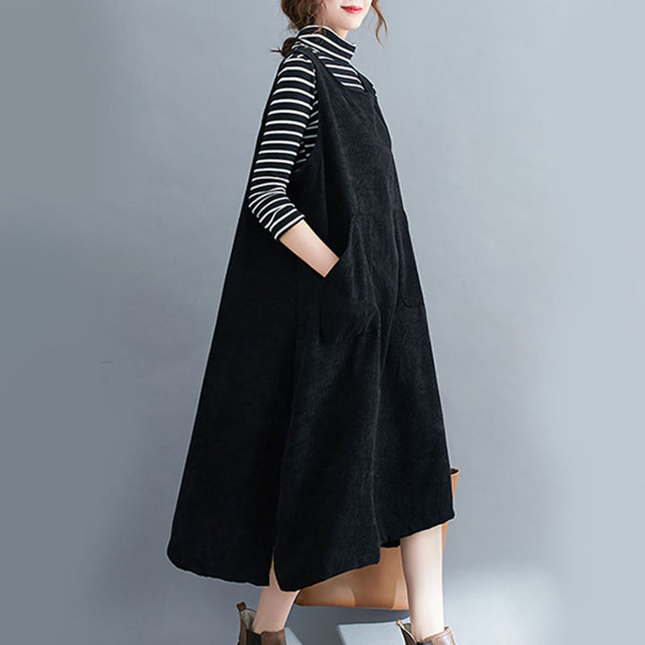 Buddha Stones Commute Crew Neck Women's Sleeveless Cotton Corduroy Midi Dress With Pockets - image 18