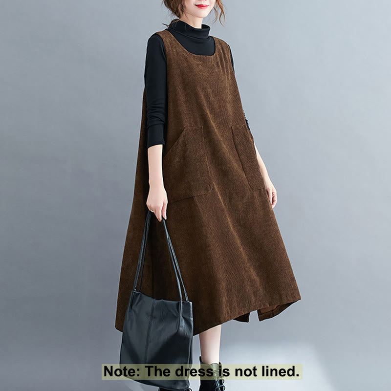 Buddha Stones Commute Crew Neck Women's Sleeveless Cotton Corduroy Midi Dress With Pockets - image 1