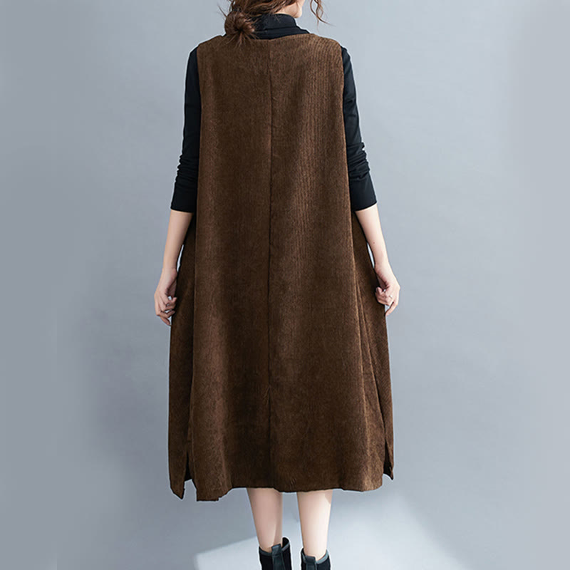 Buddha Stones Commute Crew Neck Women's Sleeveless Cotton Corduroy Midi Dress With Pockets - image 4