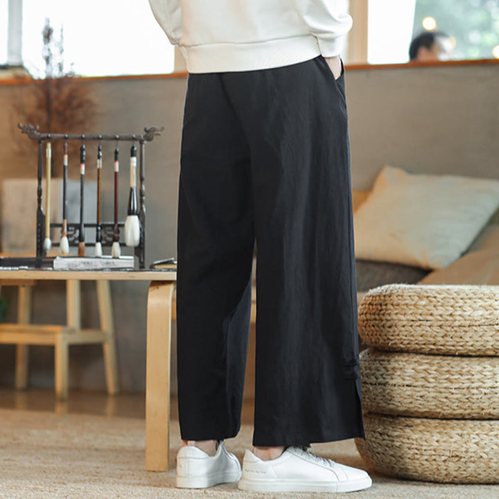 Buddha Stones Fall Drawstring Chinese Frog-Button Men's Wide Leg Cotton Pants With Pockets - image 15