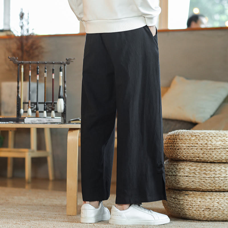 Buddha Stones Fall Drawstring Chinese Frog-Button Men's Wide Leg Cotton Pants With Pockets - image 15