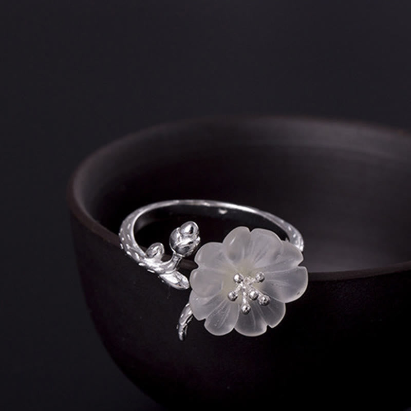 Buddha Stones Natural White Crystal Flower 925 Sterling Silver Adjustable Healing Ring - image 4