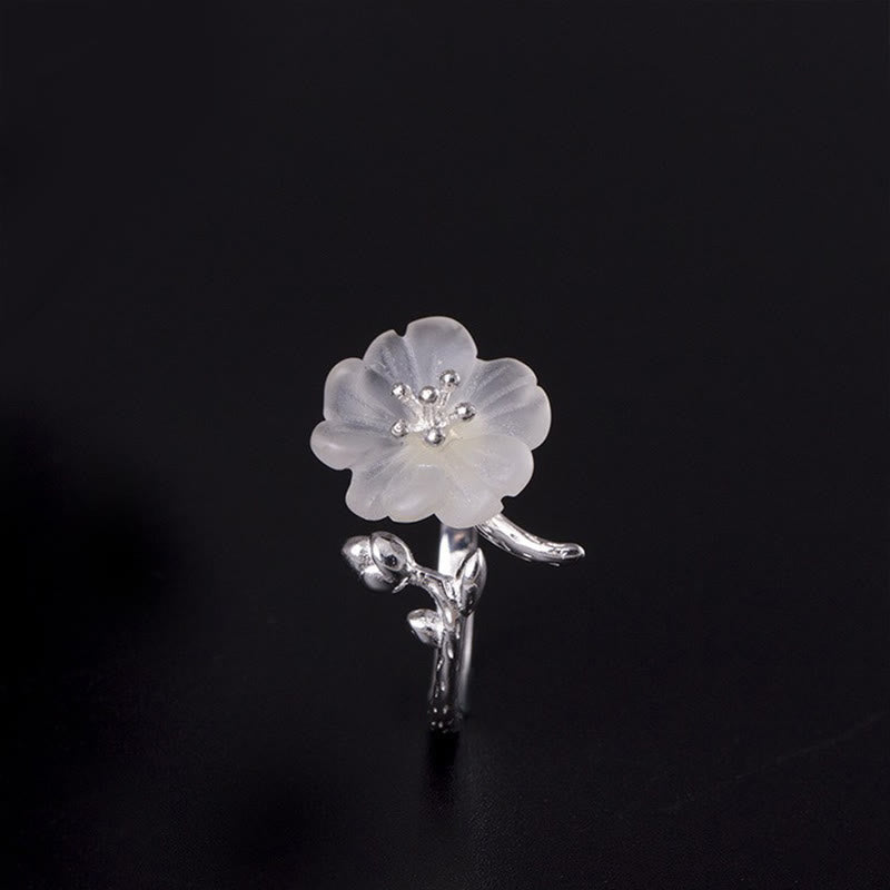 Buddha Stones Natural White Crystal Flower 925 Sterling Silver Adjustable Healing Ring - image 1