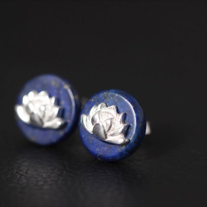 Buddha Stones Lazurite Lapis Lazuli 925 Sterling Silver Lotus Pattern Enlightenment Earrings - image 1