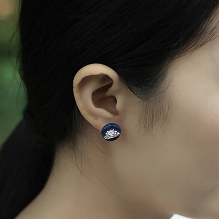 Buddha Stones Lazurite 925 Sterling Silver Lotus Pattern Enlightenment Earrings  - image 4