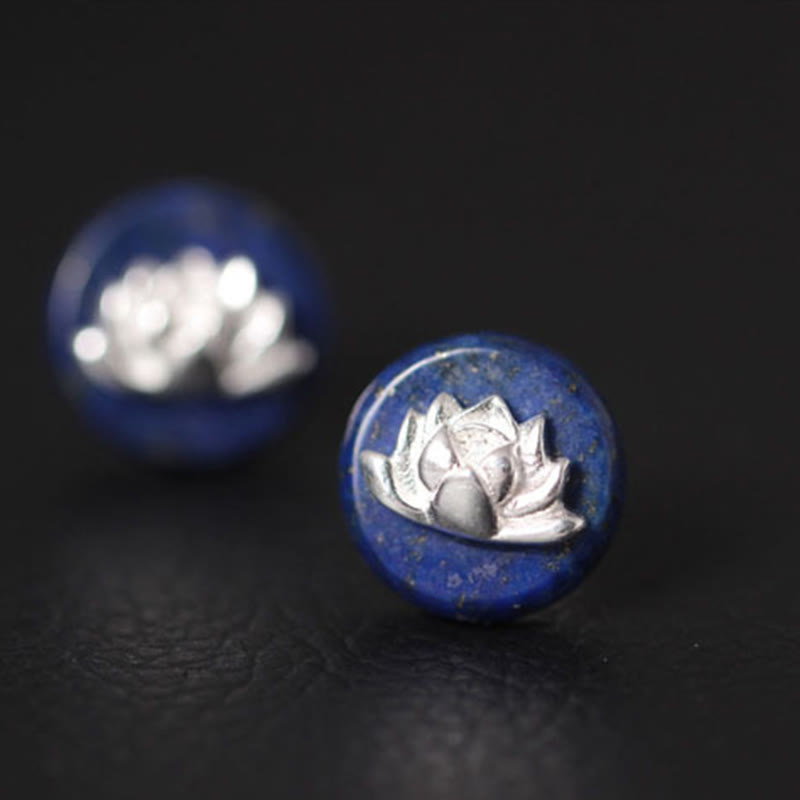 Buddha Stones Lazurite 925 Sterling Silver Lotus Pattern Enlightenment Earrings  - image 8