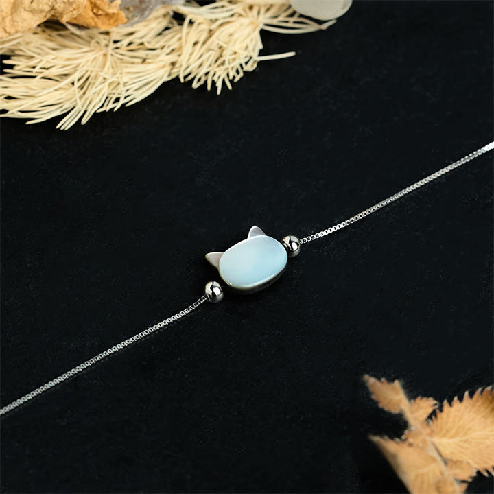 Buddha Stones 925 Sterling Silver Tridacna Stone Cat Head Blessing Chain Bracelet - image 1