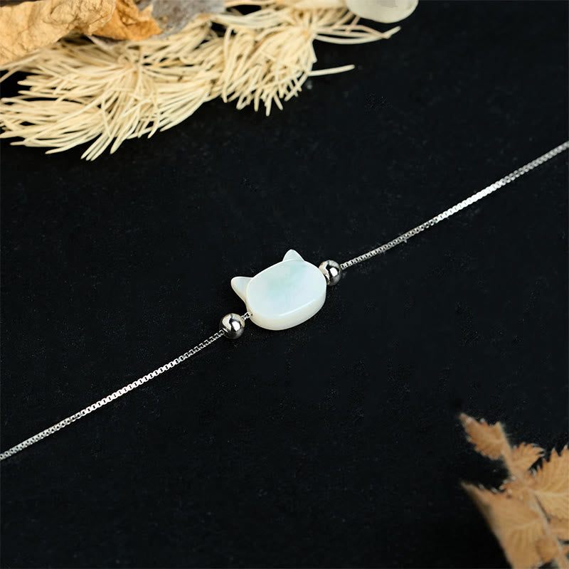 Buddha Stones 925 Sterling Silver Tridacna Stone Cat Head Blessing Chain Bracelet - image 9