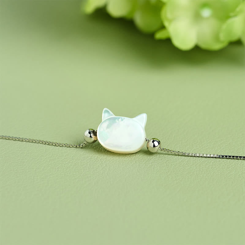 Buddha Stones 925 Sterling Silver Tridacna Stone Cat Head Blessing Chain Bracelet - image 10