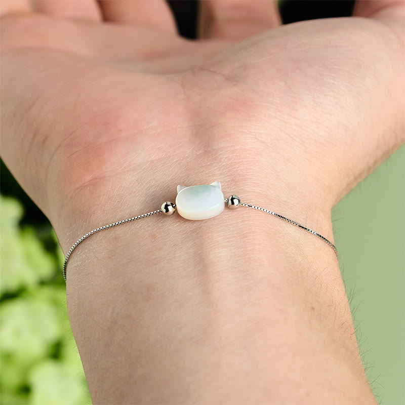 Buddha Stones 925 Sterling Silver Tridacna Stone Cat Head Blessing Chain Bracelet - image 12