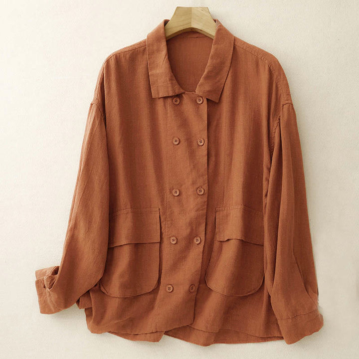 Buddha Stones Double‑Breasted Design Long Sleeve Women's Cotton Jacket With Pockets - Chocolate - US14，UK/AU18，EU46 (2XL) - image 7