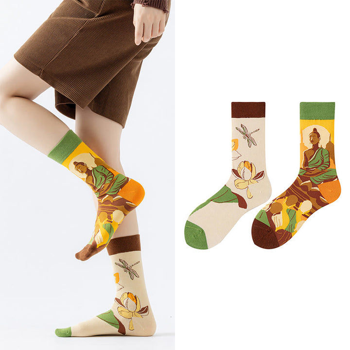 Buddha Stones "Be Here Now" Casual Buddha Lotus Dragonfly Women's Socks Includes Gift Message Card - image 7
