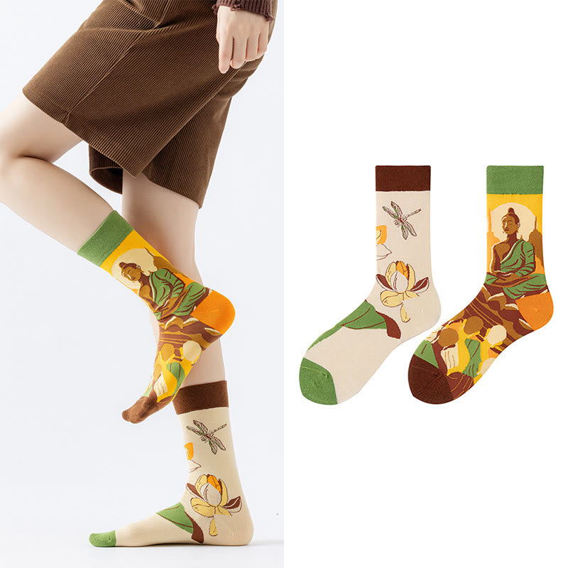 Buddha Stones "Be Here Now" Casual Buddha Lotus Dragonfly Women's Socks Includes Gift Message Card - image 10