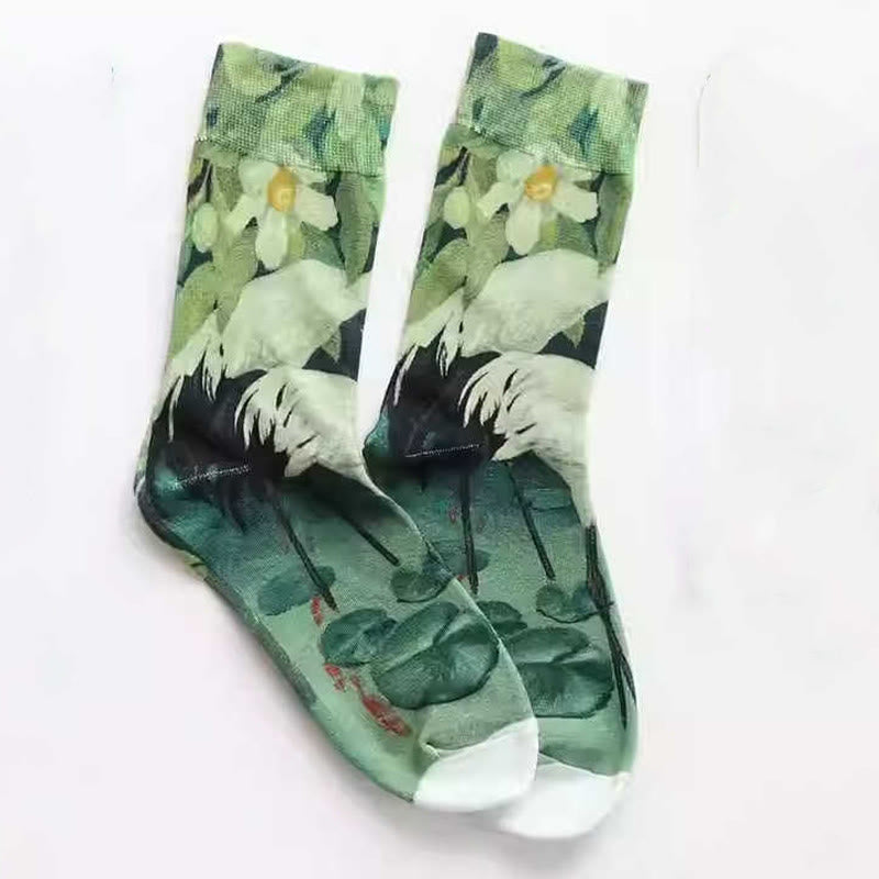 Buddha Stones "Rooted in Stillness" Crane Lotus Koi Fish Women's Socks Includes Gift Message Card - image 3