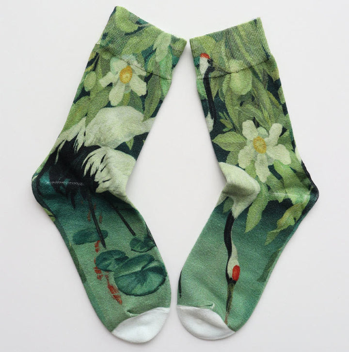 Buddha Stones "Rooted in Stillness" Crane Lotus Koi Fish Women's Socks Includes Gift Message Card - image 1