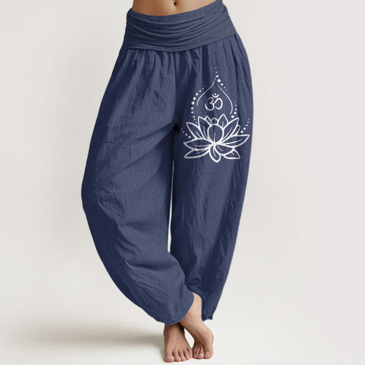 Buddha Stones Blooming Lotus Om Symbol Pattern Women's Elastic Waist Harem Cotton Pants - DarkSlateBlue - US22，UK/AU26，EU54 (6XL) - image 0