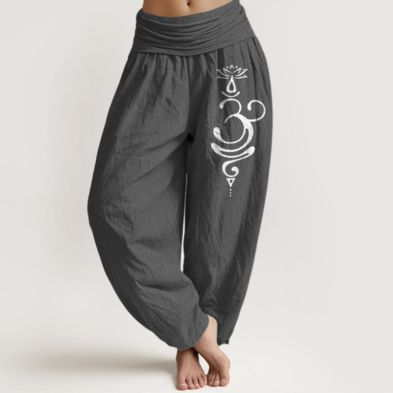 Buddha Stones Lotus Flower Unalome Symbol Pattern Pure Cotton Women's Elastic Waist Harem Pants - DimGray - US22，UK/AU26，EU54 (6XL) - image 0