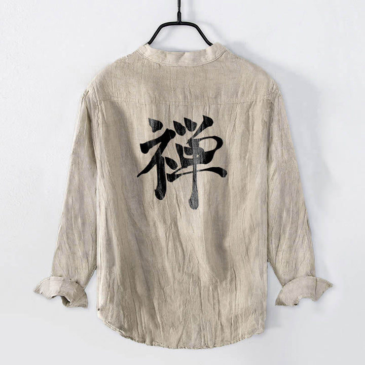 Buddha Stones Zen Character Half Buttons Design Long Sleeve Men's Cotton Linen Shirt - image 2