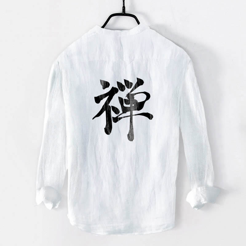 Buddha Stones Zen Character Half Buttons Design Long Sleeve Men's Cotton Linen Shirt - image 8