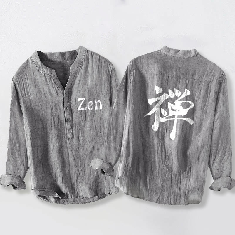 Buddha Stones Zen Character Half Buttons Design Long Sleeve Men's Cotton Linen Shirt - Gray - US/UK/AU50，EU60 (5XL) - image 3