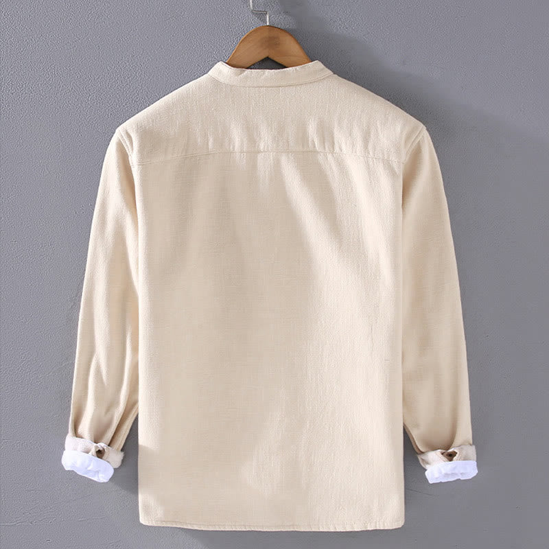 Buddha Stones Men's Stnad Collar Long Sleeve Thermal Fleece-lined Ramie Jacket With Pockets - image 5