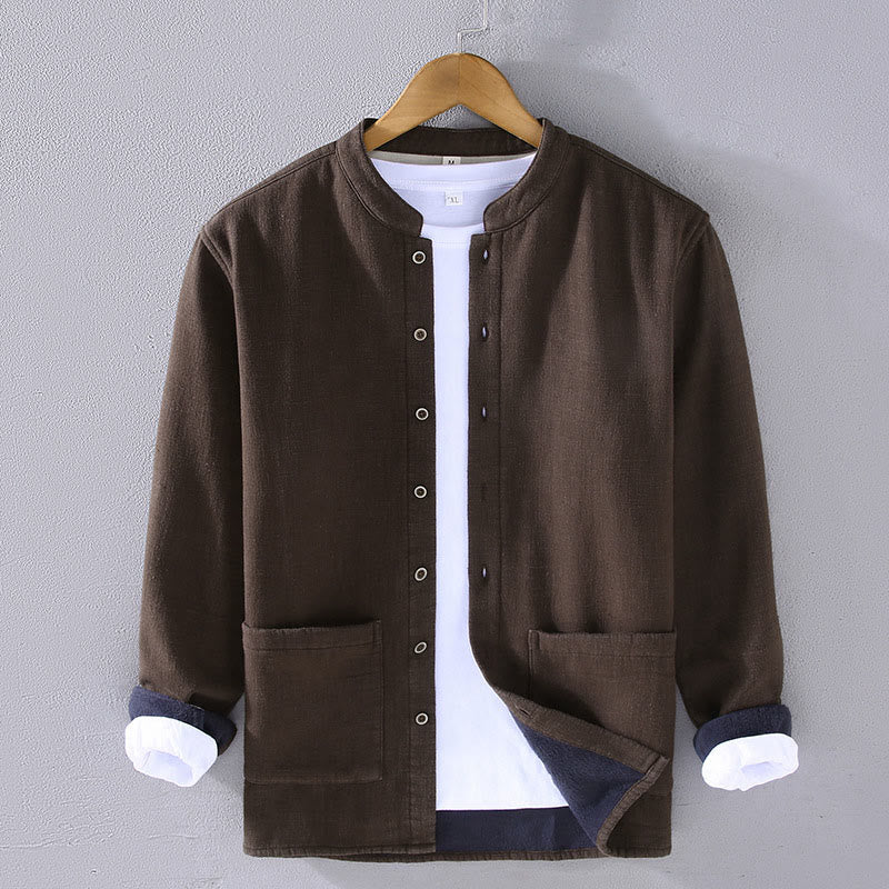 Buddha Stones Men's Stnad Collar Long Sleeve Thermal Fleece-lined Ramie Jacket With Pockets - SaddleBrown - US/UK/AU42，EU52 (3XL) - image 0
