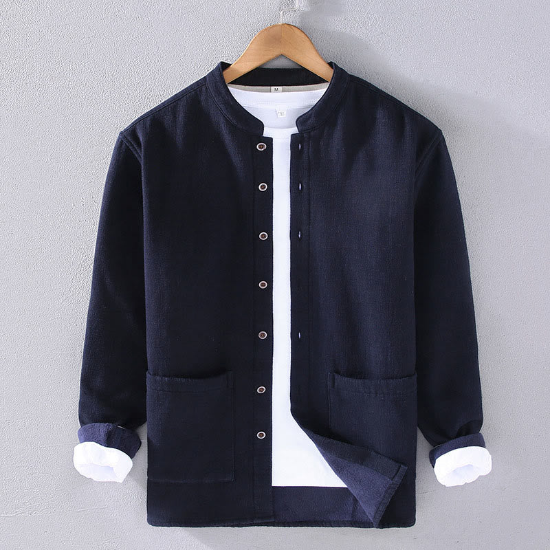 Buddha Stones Men's Stnad Collar Long Sleeve Thermal Fleece-lined Ramie Jacket With Pockets - MidnightBlue - US/UK/AU42，EU52 (3XL) - image 3