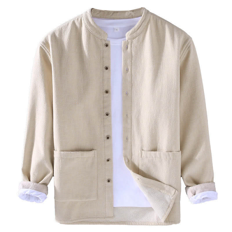 Buddha Stones Men's Stnad Collar Long Sleeve Thermal Fleece-lined Ramie Cotton Jacket With Pockets - image 16