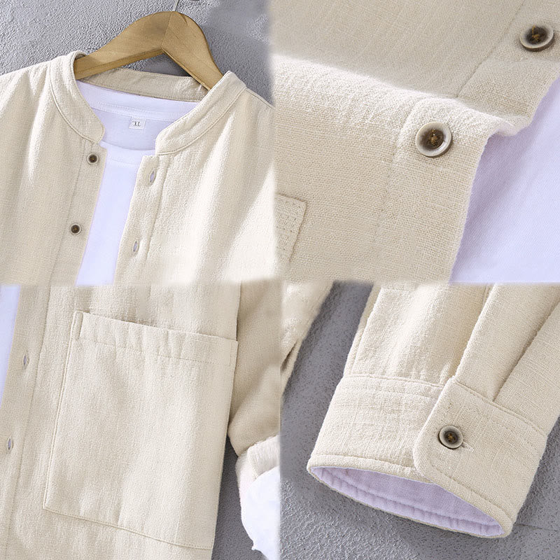 Buddha Stones Men's Stnad Collar Long Sleeve Thermal Fleece-lined Ramie Jacket With Pockets - image 15