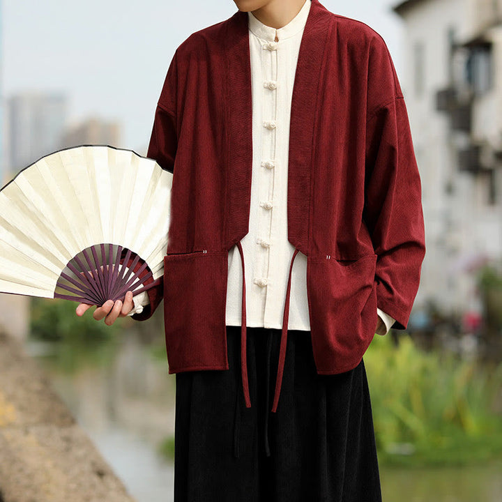 Buddha Stones Solid Color Open Front Long Sleeve Jacket Men's Cotton Corduroy Kimono With Pockets - image 8