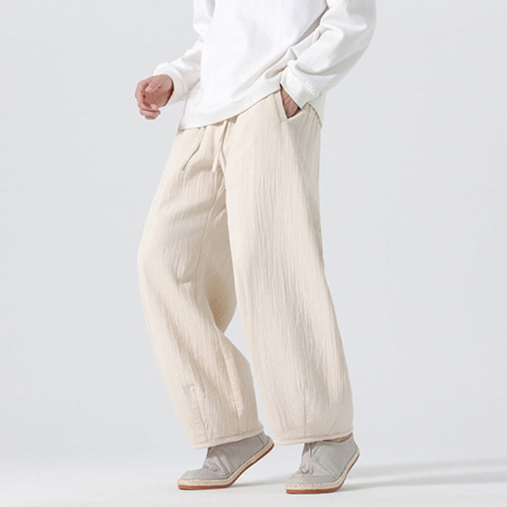 Buddha Stones Daily Drawstring Chinese Zen Style Men's Wide Leg Pure Pants With Pockets - image 5