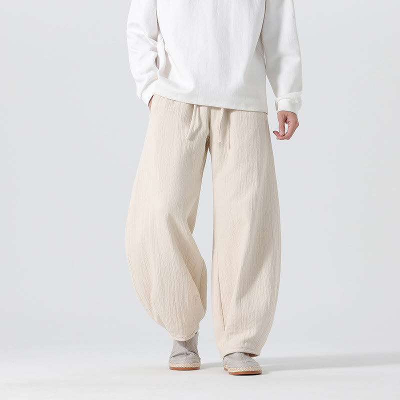 Buddha Stones Daily Drawstring Chinese Zen Style Men's Wide Leg Pure Pants With Pockets - Beige - US/UK/AU46，EU56 (5XL) - image 0
